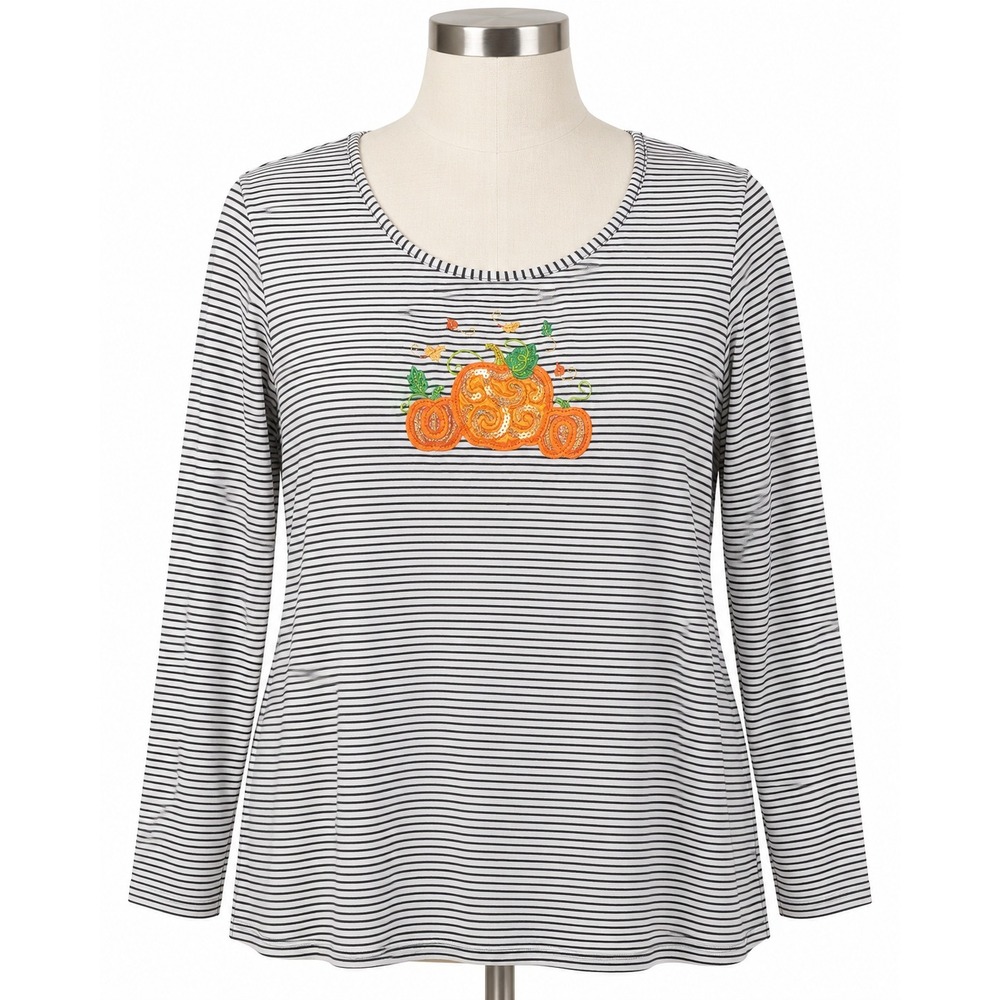 Holiday Editions Pumpkin Stripe Top Womens XL Black White Excellent Halloween